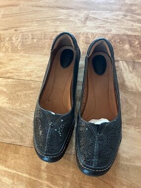 Clarks Black Laser-Cut Leather Slip-Ons